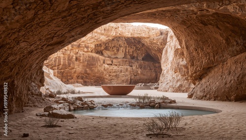 Nature Setting With Pool and Stone Features in a Large Cave With Sandy Ground