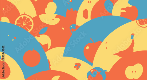Vibrant abstract background with fruit and umbrellas in blue orange and yellow hues