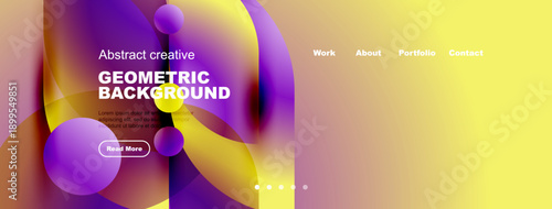 Abstract website header design. Vibrant colors blend, creating dynamic geometric shapes. Text overlays invite user interaction. Modern aesthetic.