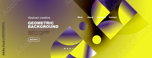 Abstract geometric background. Vibrant colors blend, creating modern design. Website header includes navigation options, text elements.