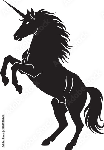 A black silhouette of a unicorn rearing up on its hind legs with a horn on its head. isolated on transparent background, Vector
