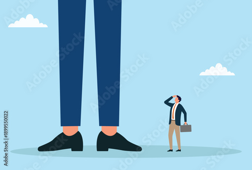 Vector illustration of small businessman looking up at giant competitor legs symbolizing business competition, corporate dominance, career challenge, market pressure and professional growth
