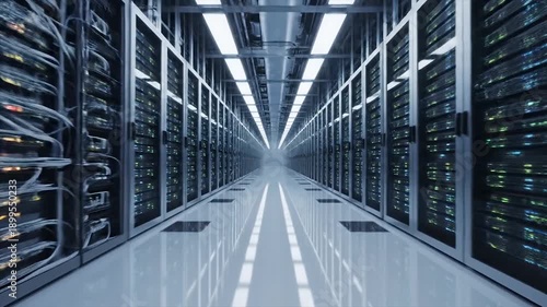 Modern Data Center Server Room with Rows of Racks and Lights.