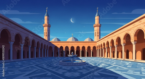 Mosque Courtyard with Arches and Minarets under Crescent Moon