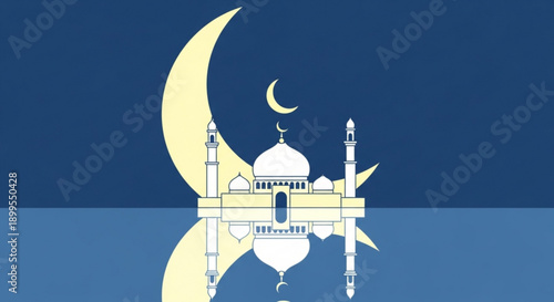 Mosque under Crescent Moon with Reflection on Water during Night