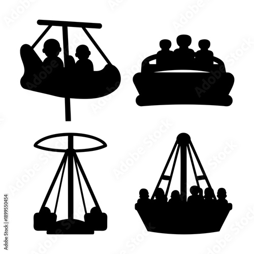 Amusement park ride silhouettes for various carnival attractions and thrilling experiences