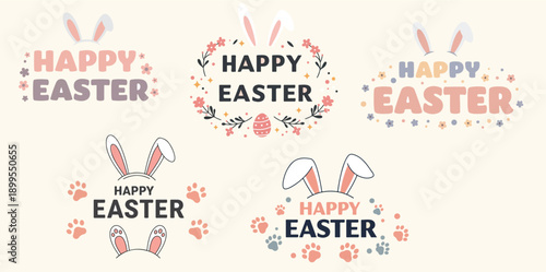 Happy easter bunny greeting card designs with floral patterns and easter eggs