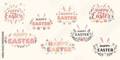 Collection of happy easter bunny and floral designs with greeting