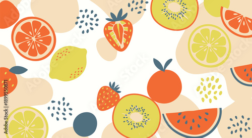 Vibrant fruit pattern with sliced oranges lemons kiwis strawberries and watermelon on white background