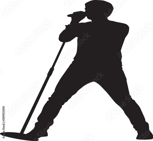 Singer performing on stage with dynamic microphone isolated on transparent background, Vector