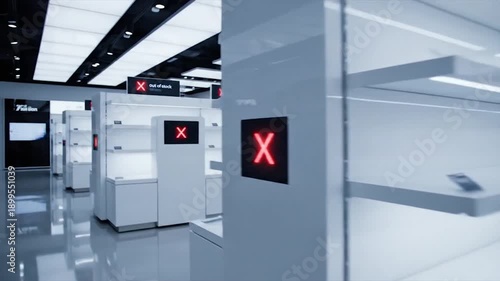 Modern retail store interior with illuminated display shelves and digital screens.