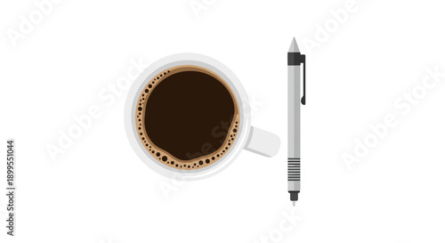 A cup of coffee and a pen placed side by side on a clean surface viewed from directly above