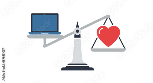 A scale balancing a laptop and a heart symbol, representing technology and emotions in harmony, viewed from the front.