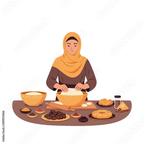 Muslim woman in a hijab meticulously preparing traditional homemade pastries and desserts, kneading dough and surrounded by an array of ingredients for a festive culinary creation
