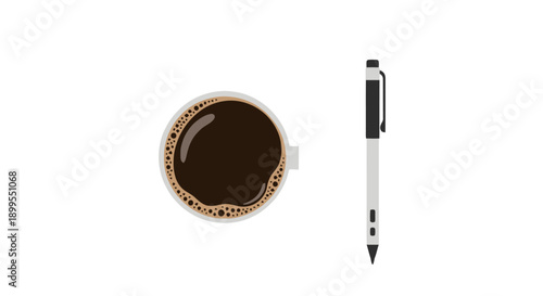 A cup of coffee and a pen on a white surface viewed from directly above