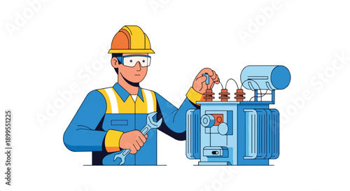 Electrician repairing transformer with wrench