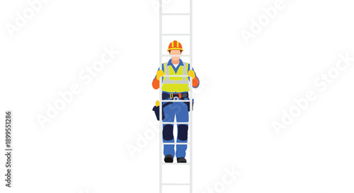 Construction worker on ladder with transparent background