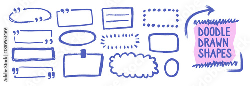 Hand drawn doodle frame set. Textured square text box in outline style. Grunge crayon lines. Brush blue oval and rectangle