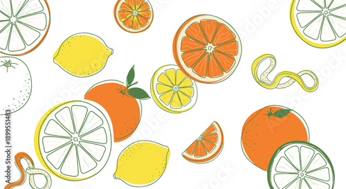Colorful citrus fruits and slices on white background illustration of oranges lemons and limes