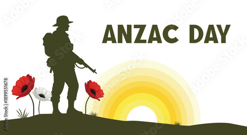 ANZAC Day Soldier Silhouette with Poppies and Sunrise Memorial Illustration