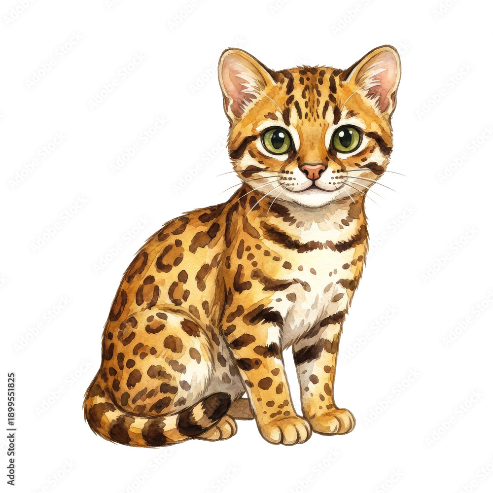 Obraz premium Cute watercolor illustration of a small wild cat with spotted fur and green eyes, sitting and looking forward.