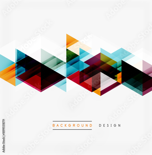 Abstract geometric shapes create vibrant wave pattern. Colorful triangles overlap, forming modern design element. Minimalist aesthetic.