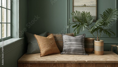 Cozy Indoor Seating Area With a Sofa, Coffee Table, and Plant in a Wooden Room