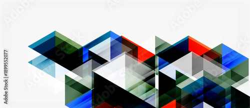 Abstract geometric shapes overlap, creating dynamic composition. Blue, red, gray tones dominate white background. Modern design element.