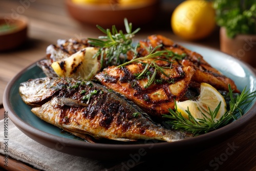 grilled fish on plate on the table