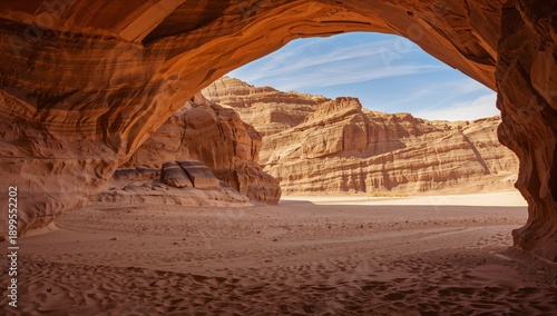 Canyon Scene With Rock Formations and Sandy Road Under a Large Arch During Da...