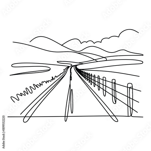 A black and white drawing of a road going through a landscape  a fence is on the right side