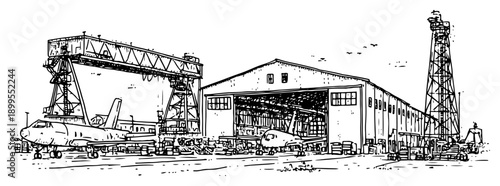 Sketch of airport hangar with parked airplanes and equipment