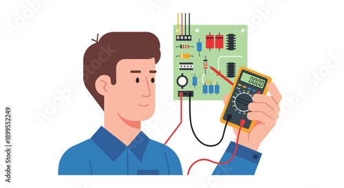 Electronics repairman testing circuit board