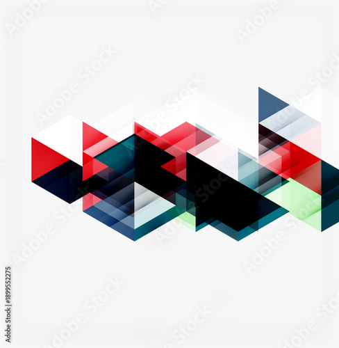 Abstract geometric composition. Overlapping triangles create dynamic visual effect. Colors include red, blue, green, black, white. Minimalist design.