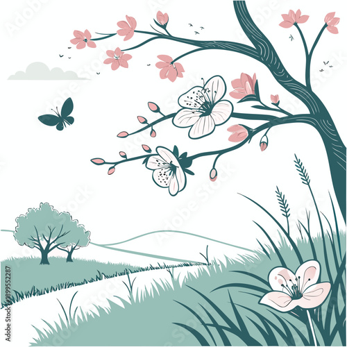 A whimsical scene of a paper airplane soaring through a blossoming spring landscape