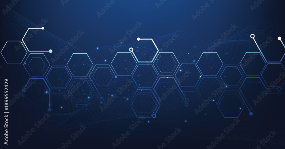 Obraz premium Technology hexagon diagram on a dark blue background concept. High-tech hexagon geometric connection system.
