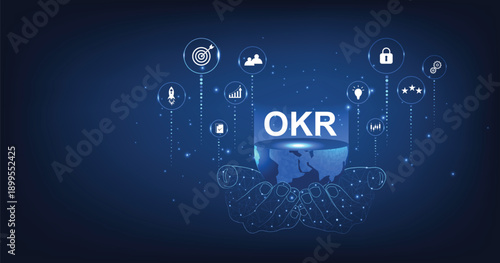 OKR Objectives key results concept. 3D stylized of OKR letter and business icons located on globe. 3D illustration