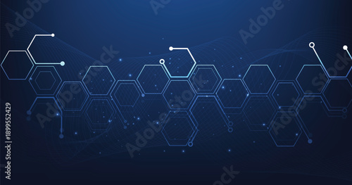 Technology hexagon diagram on a dark blue background concept. High-tech hexagon geometric connection system.