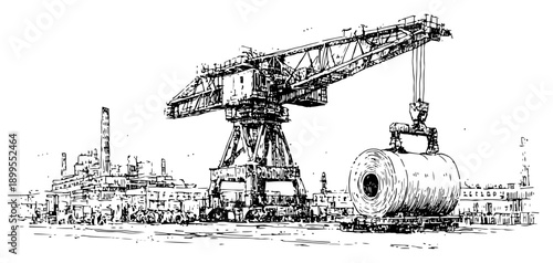 Hand drawn sketch of an industrial crane lifting a large steel coil near a factory
