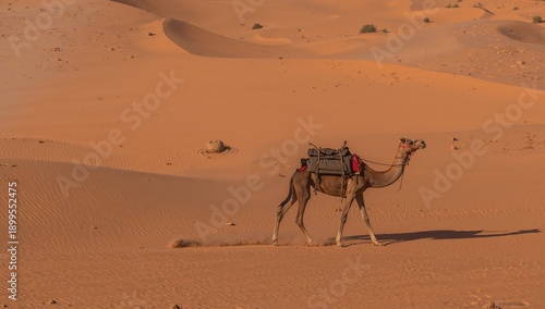 Camel Walks Through Desert Sands Under Bright Sun in the Afternoon Light