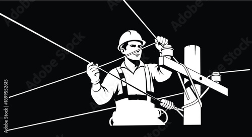 Lineman working on power lines with transparent background