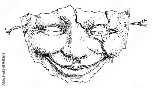 Sketch of a broken smiling theatrical mask with deep cracks