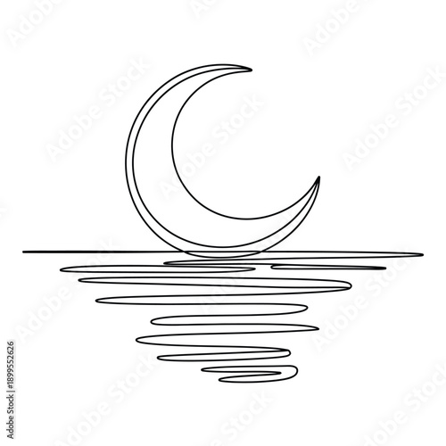 Simple line drawing of crescent moon reflecting on rippled water surface at night