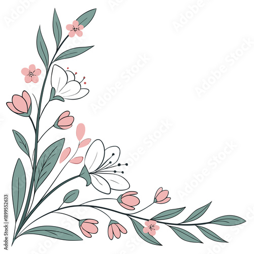 Elegant floral border design with delicate pink and white blossoms on green stems
