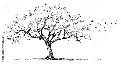 Large oak tree with flock of birds flying away