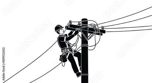 Lineman working on power lines with transparent background