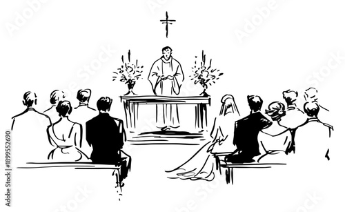 Black and white sketch of a catholic wedding ceremony in a church with priest and guests