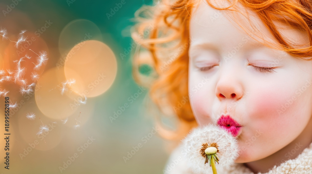 Fototapeta premium A young girl with bright red hair blows on a dandelion in a vibrant garden. Soft bokeh lights create a magical atmosphere as seeds float away in the gentle breeze