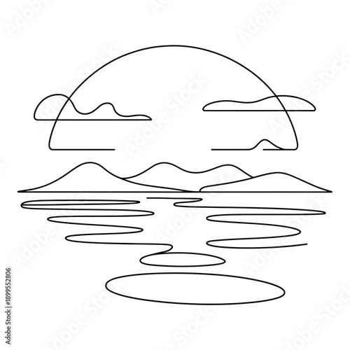 Minimalist line drawing landscape with mountains and water and cloudy sky