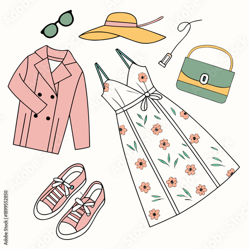 Colorful summer outfits featuring hats, dresses, and accessories for a sunny day out